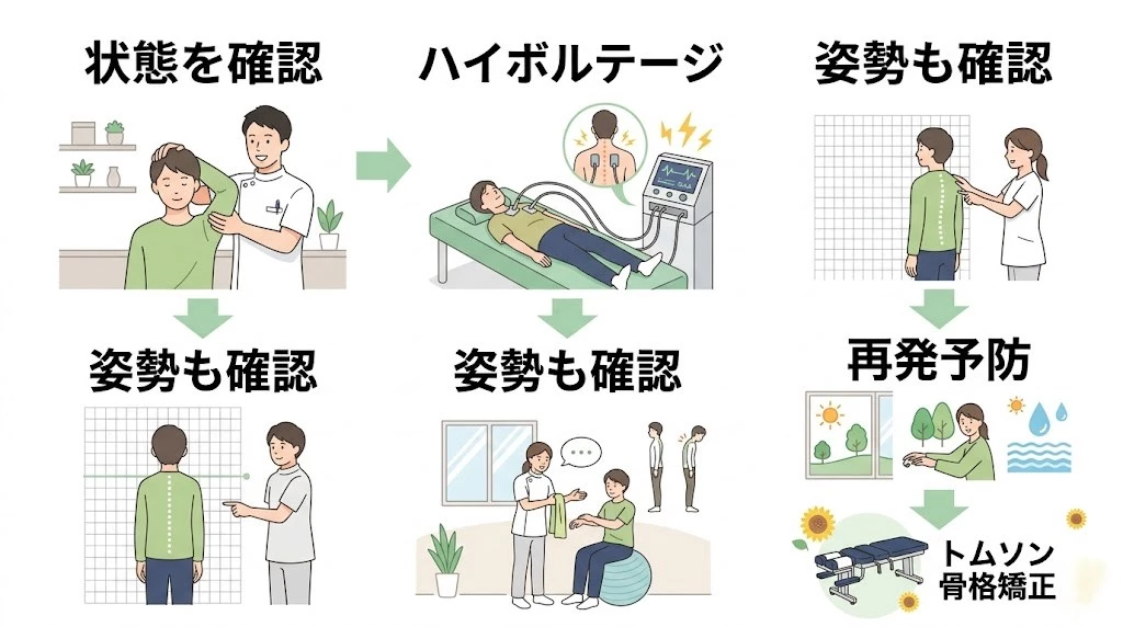 肩こりに対するハイボルテージ施術と骨格矯正の流れを示した図