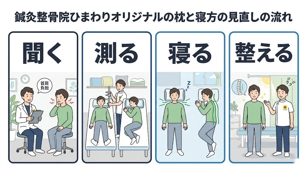 横須賀市の鍼灸整骨院ひまわりの枕と寝方の見直しの流れを示した図解画像