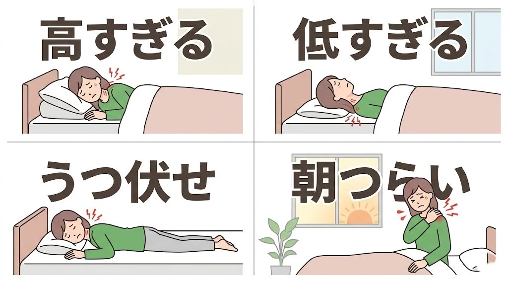 横須賀市で枕と寝姿勢が朝の首肩のつらさにつながる流れを整理した図解画像