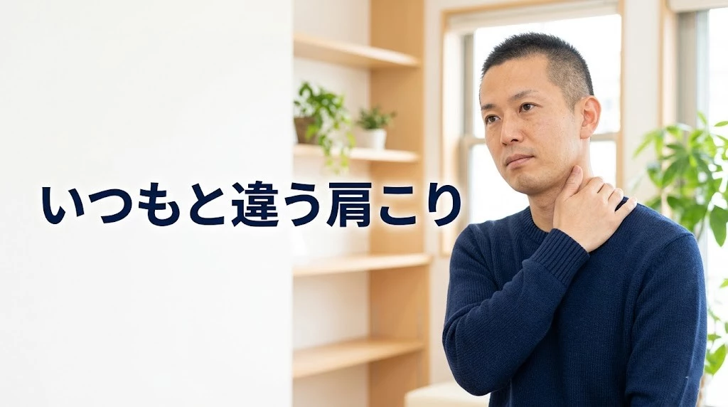 肩こりの危険サインを見逃さない考え方を伝える男性のヒーローイメージ