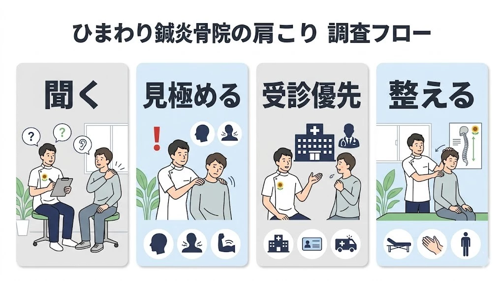 鍼灸整骨院ひまわりの肩こり相談時の見極めの流れを示した男性モチーフのベクター図解