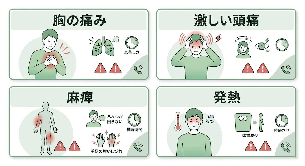 肩こりの危険サイン 肩こりで救急受診や病院受診を考えたい危険サインを示した図