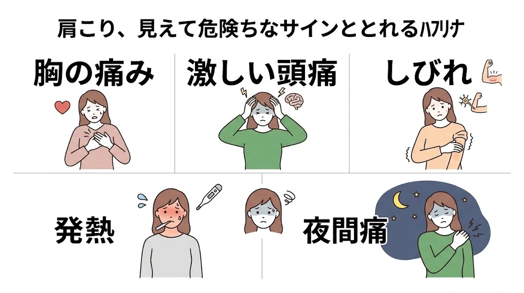 肩こりと一緒に注意したい危険サインを整理した女性モチーフのベクター図解