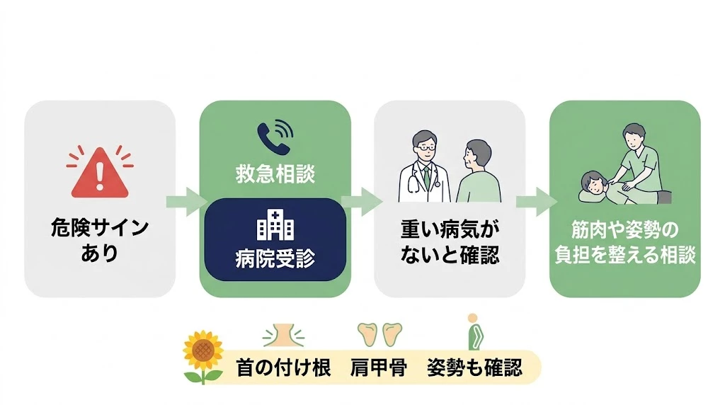 肩こりの次の行動ガイド 肩こりの症状ごとの次の行動を示したフロー図