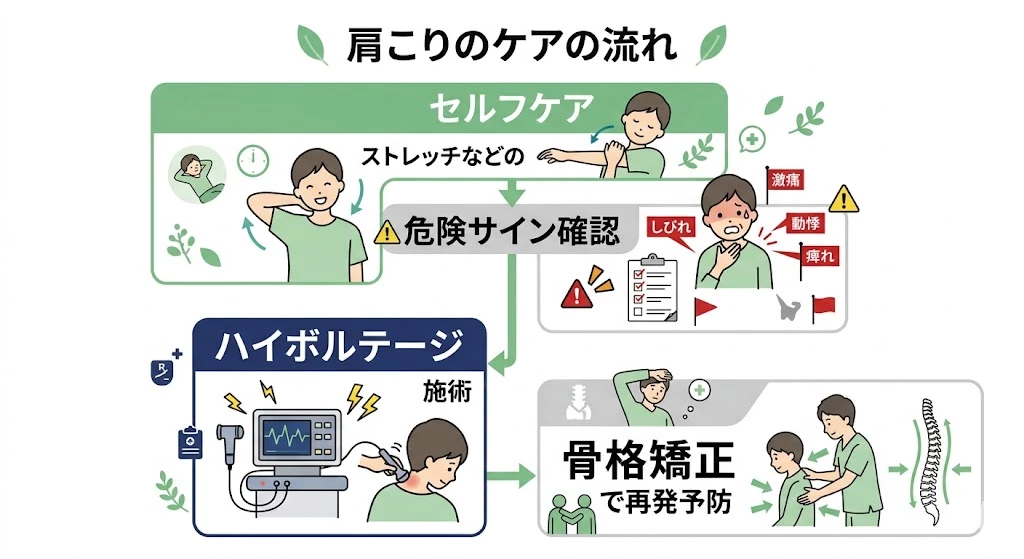 肩こりのセルフケアと専門施術の流れを示した図
