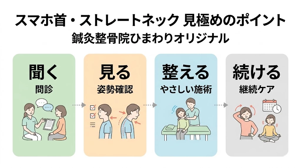 鍼灸整骨院ひまわりのスマホ首やストレートネックの見極め方をシンプルに示したベクター図解