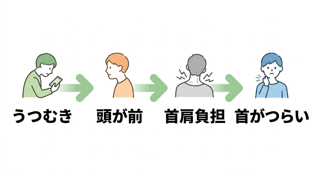 スマホ首が寝違えのような首のつらさにつながる流れをシンプルに整理したベクター図解