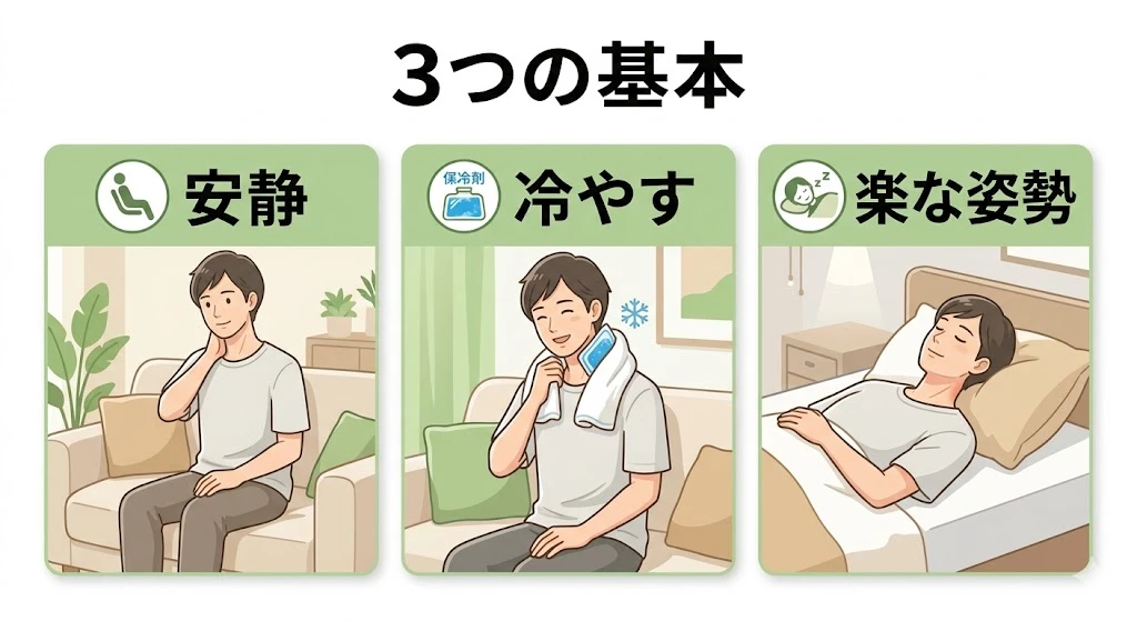 寝違え応急処置3つの基本 寝違え直後にやるべき3つの応急処置を示した図