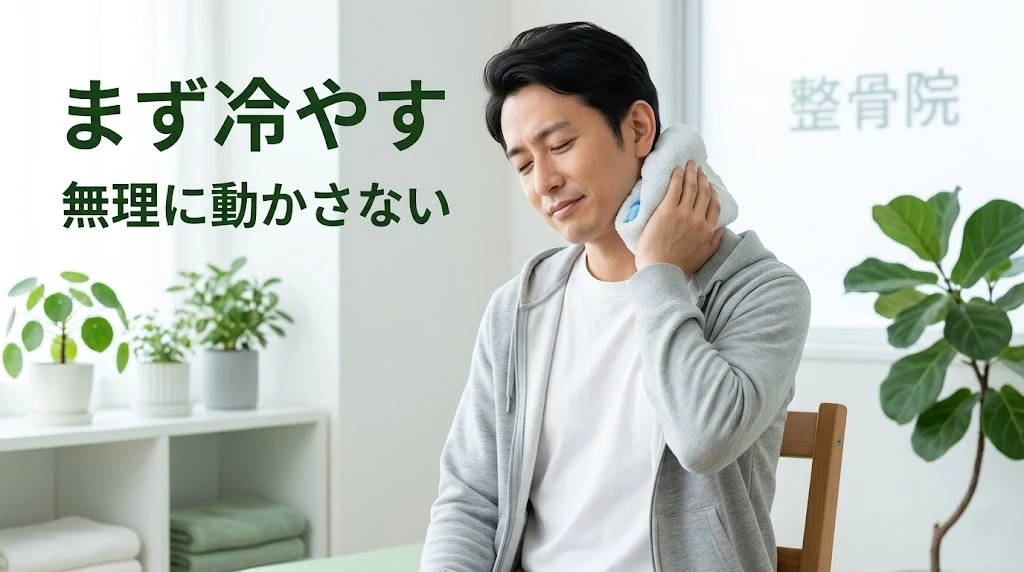 寝違えた時の初期対応 横須賀市で寝違えた首を冷やして安静にする応急処置のイメージ