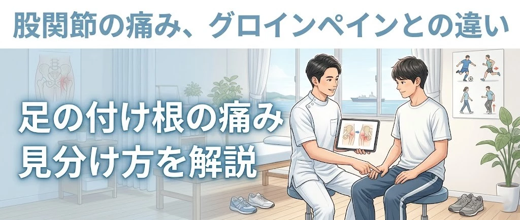 横須賀市の股関節痛とグロインペインの見分け方 横須賀市で股関節痛とグロインペインの見分け方を説明するヒーロー画像