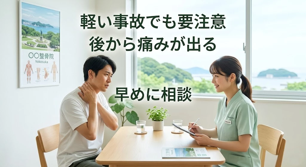 軽い追突事故後に後から出る痛みについて整骨院で相談する男性のイメージ画像