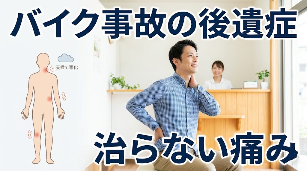 横須賀市でバイク事故後の治らない痛みや後遺症の悩みを分かりやすく伝えるアイキャッチ画像