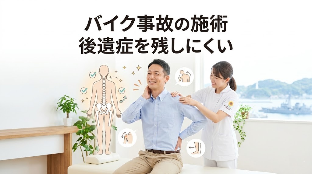 横須賀市でバイク事故後の施術と後遺症予防の考え方を分かりやすく伝えるアイキャッチ画像
