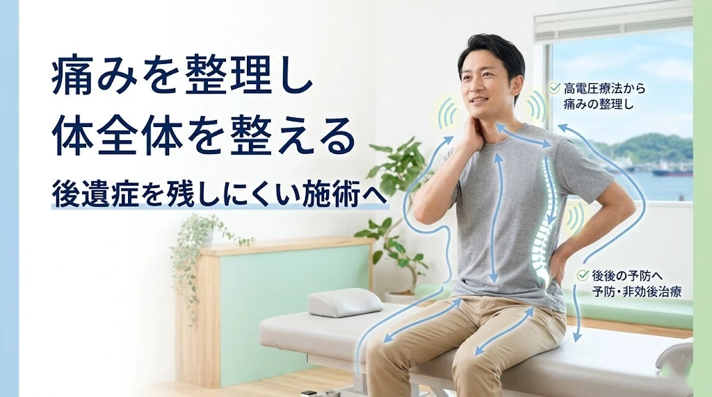 横須賀市でバイク事故後の施術の流れと後遺症予防を分かりやすく伝えるヒーロー画像