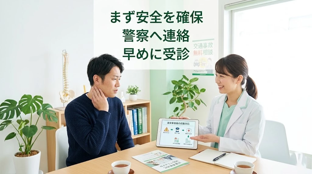 追突事故後の正しい対処法と流れについて整骨院で相談する男性のイメージ画像