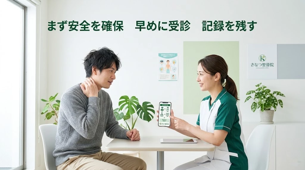 追突直後の対応と受診について相談する男性のイメージ画像