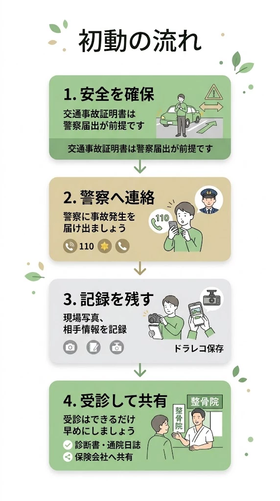 追突直後の対応から受診と保険連絡までの流れを整理したフロー型ベクター画像