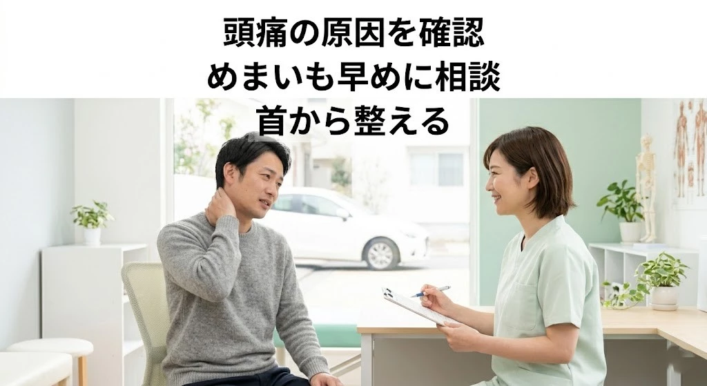 追突事故後の頭痛やめまいについて整骨院で相談する男性のイメージ画像