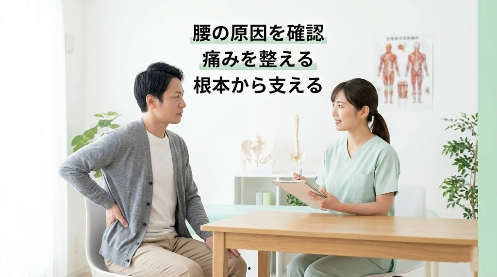 追突事故後の腰痛の原因と施術について整骨院で相談する男性のイメージ画像