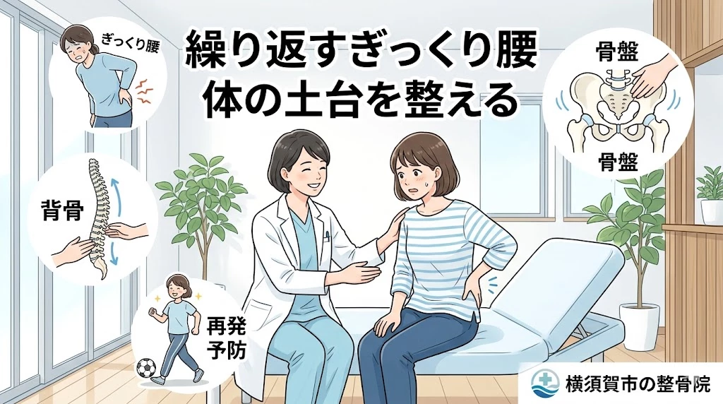 横須賀市で繰り返すぎっくり腰に対する骨格矯正の考え方を伝えるヒーロー画像