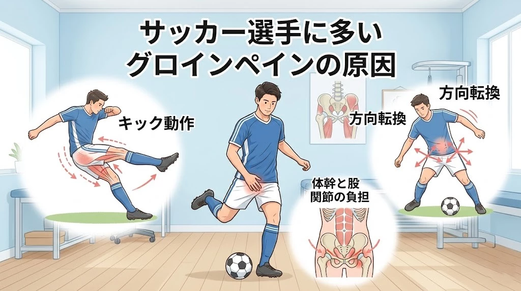 横須賀市でサッカー選手に多いグロインペインの原因をキックと方向転換から説明するヒーロー画像