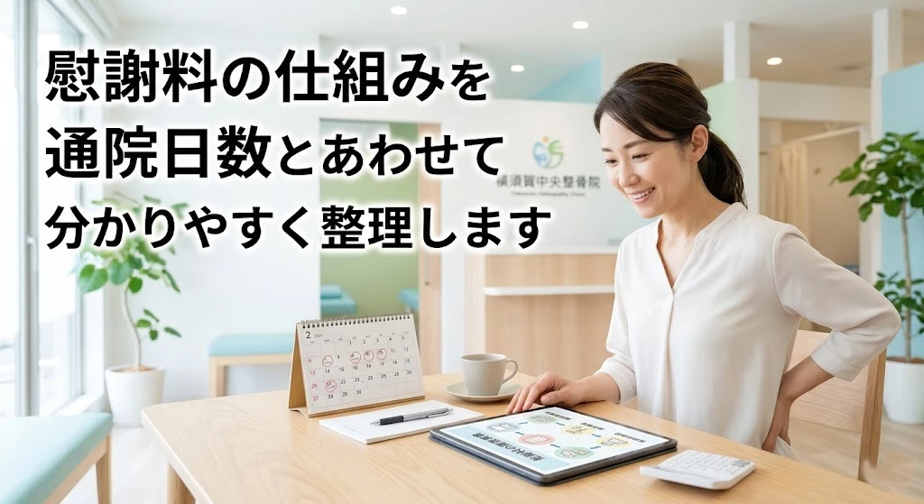 横須賀市で交通事故の慰謝料と通院日数の考え方を分かりやすく伝えるヒーロー画像