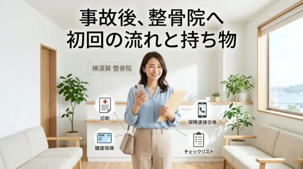 横須賀市で交通事故後に整骨院へ初めて来院する流れと持ち物を案内するアイキャッチ画像