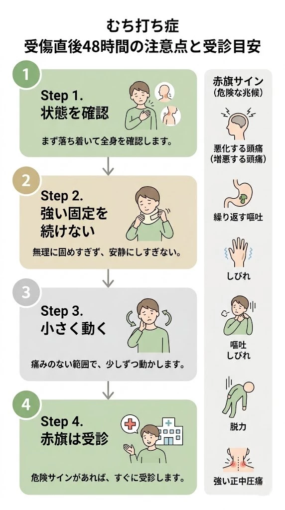 むち打ち症の受傷直後48時間で避けたい行動と受診目安を整理したフロー型ベクター画像
