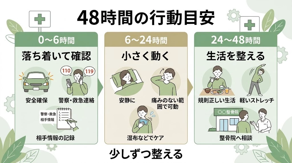 むち打ち症の受傷直後48時間の流れを整理したベクター説明図