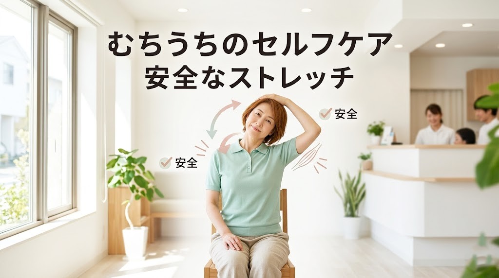 横須賀市でむちうち回復期の安全なセルフケアとストレッチを分かりやすく伝えるアイキャッチ画像