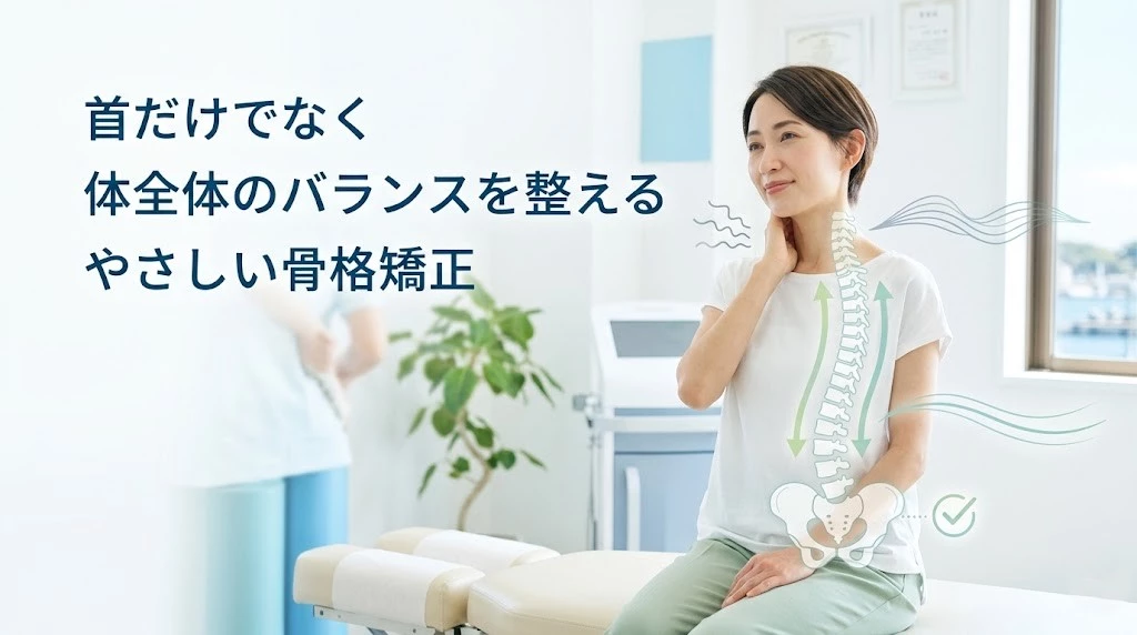 横須賀市で長引くむちうちに対する骨格矯正と体全体の調整を分かりやすく伝えるヒーロー画像