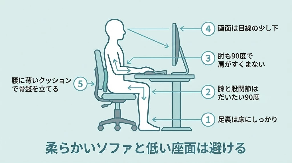 デスクワーク腰痛の環境調整　椅子の高さ　足裏接地　モニター位置　肘の角度　腰当て　横須賀市　鍼灸整骨院ひまわり