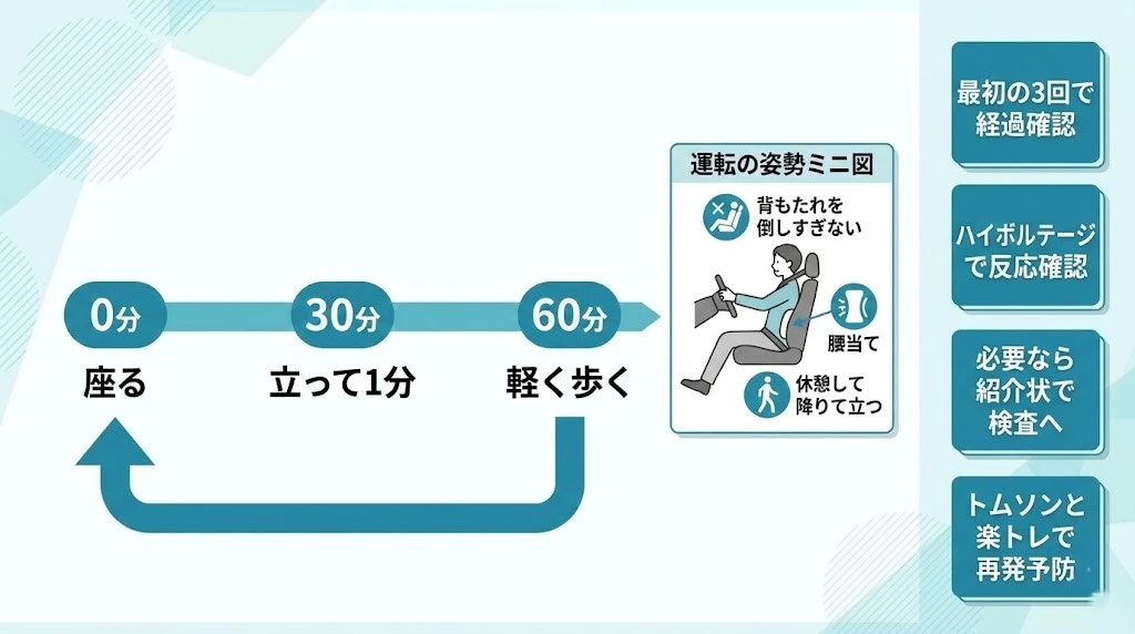 座ると腰が痛い人の休憩ルール　30分に1回立つ　軽い歩行　腰当て　運転時の姿勢　通院は最初の3回が重要　横須賀市　鍼灸整骨院ひまわり