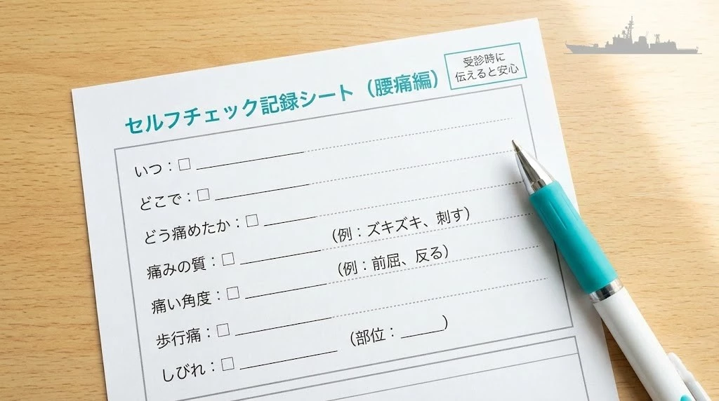 横須賀市 腰痛 セルフチェック 反る 前屈 歩行痛 しびれ 記録シート 鍼灸整骨院ひまわり