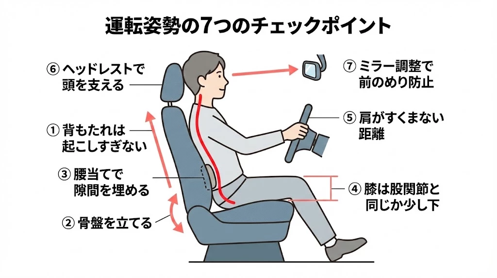 横須賀市 運転 腰痛 シート調整 チェックポイント図解