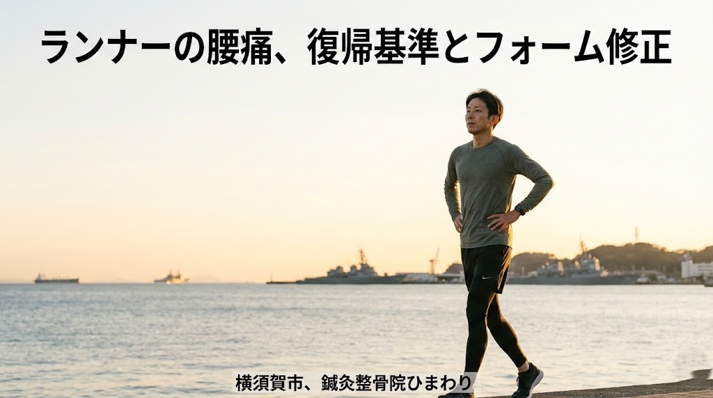 横須賀市の鍼灸整骨院ひまわり北久里浜院、衣笠院がランナーの腰痛と復帰基準、フォーム修正を解説するイメージ