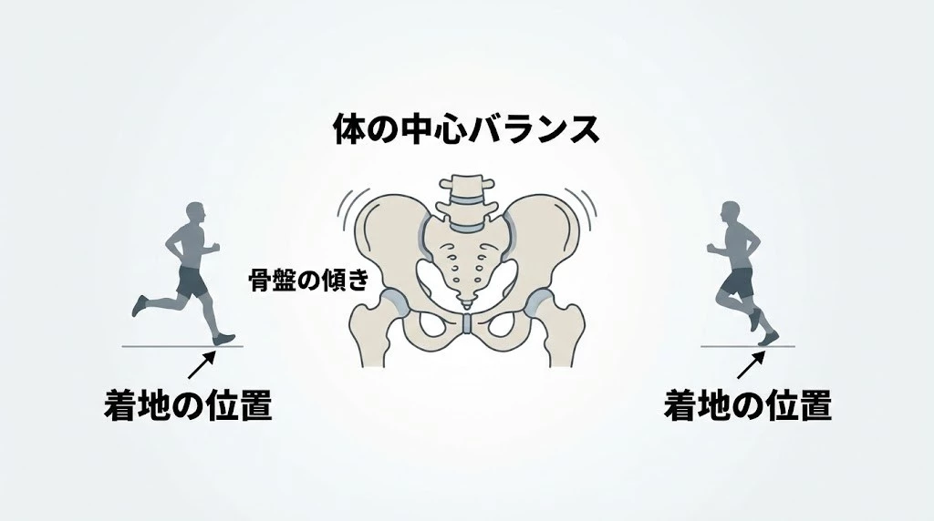 骨盤の傾きと仙腸関節の負担、ランニングフォームと腰痛の関係を示す図解、横須賀市、鍼灸整骨院ひまわり
