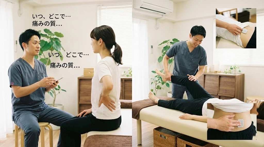 問診と動作チェックで痛みの原因を多角的に評価する場面、横須賀市の鍼灸整骨院ひまわり北久里浜院、衣笠院