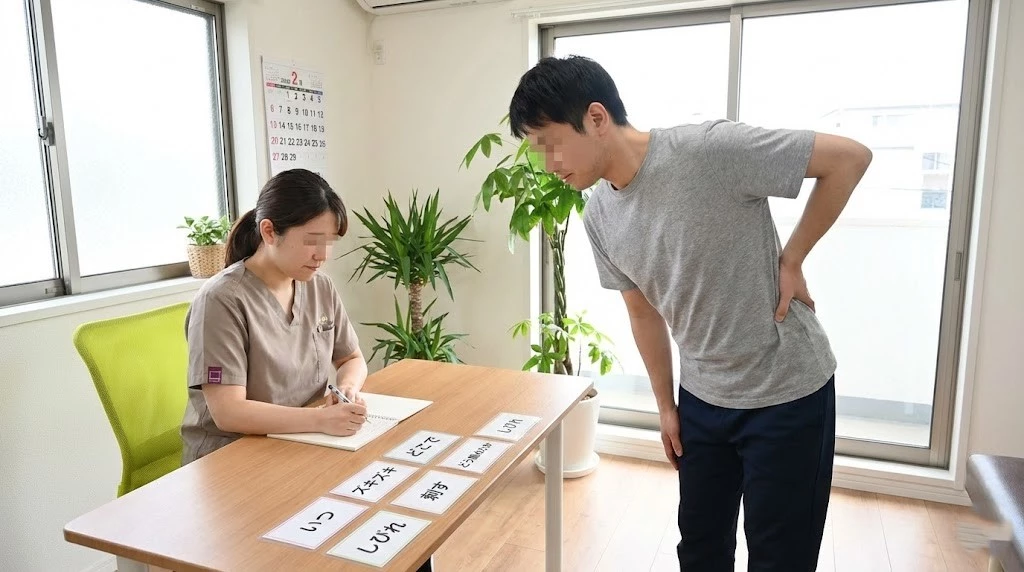 いつ、どこで、どう痛めたかを確認し動作と痛みの質で見立てる問診と評価のイメージ。横須賀市の鍼灸整骨院ひまわり北久里浜院、衣笠院