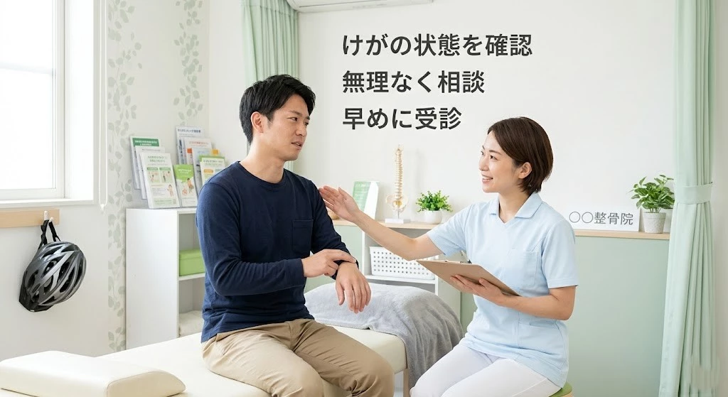 自転車事故後のけがについて整骨院で相談する男性のイメージ画像