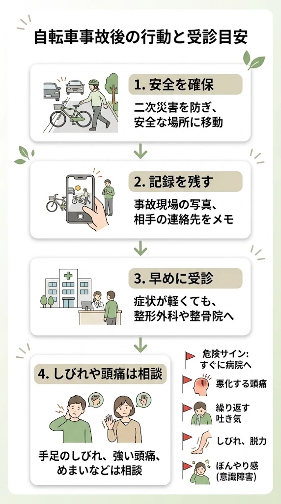 自転車事故後に早めに受診したいサインと対応の流れを整理したフロー型ベクター画像