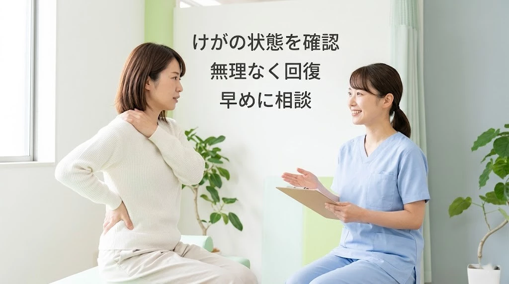 バイク事故後のけがについて整骨院で相談する女性のイメージ画像