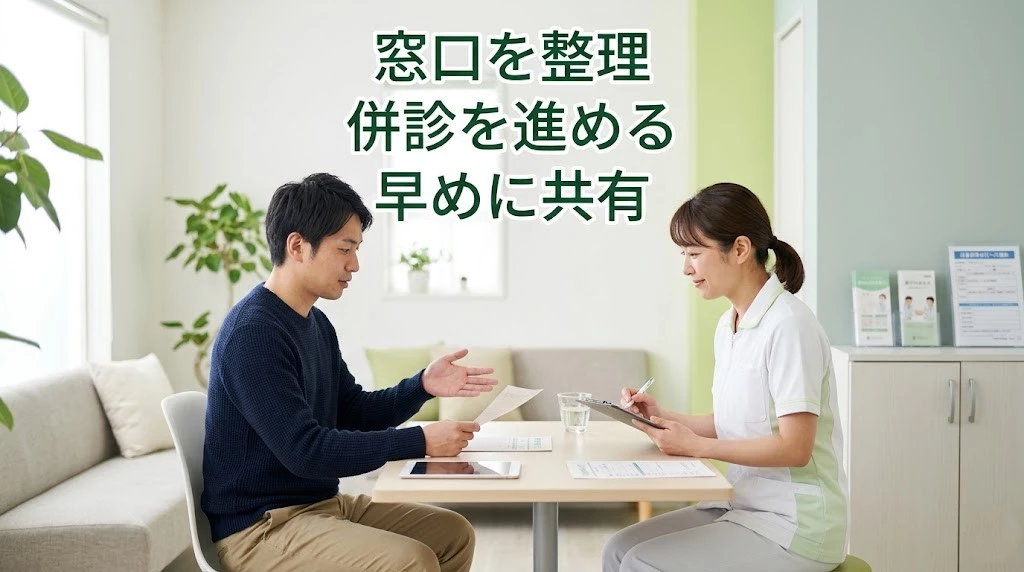 任意保険と整形外科整骨院の併診について相談する男性のイメージ画像