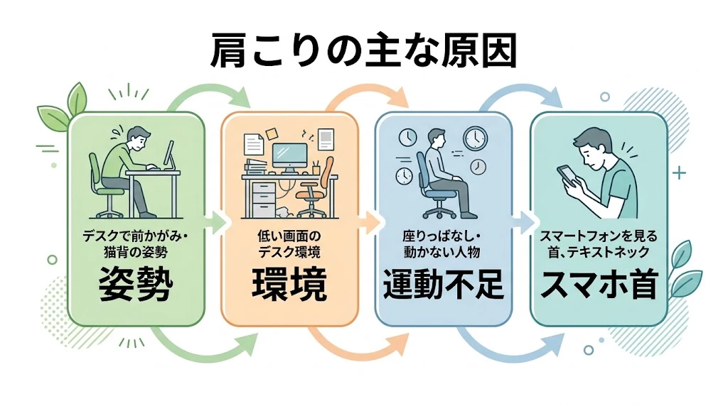 肩こりの主な原因をシンプルに整理したベクター図解