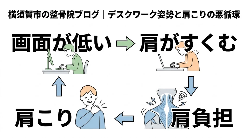 デスクワーク姿勢と肩こりの悪循環をシンプルに整理したベクター図解