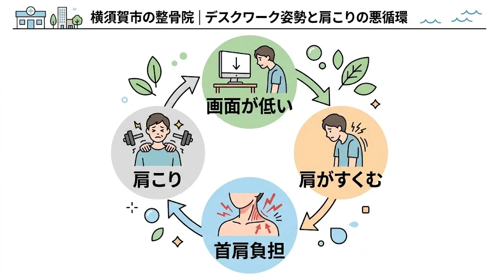 デスクワーク姿勢と肩こりの悪循環をシンプルに整理したベクター図解