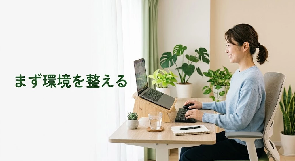 デスクワーク姿勢と肩こりの関係をやさしく整理するヒーローイメージ