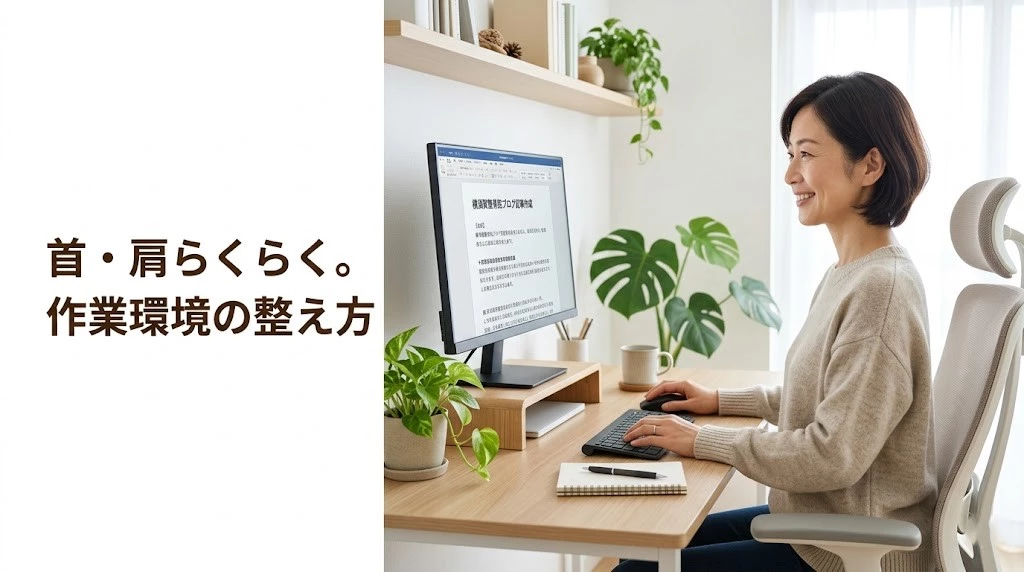 デスクワーク姿勢と肩こりの関係をやさしく整理するヒーローイメージ