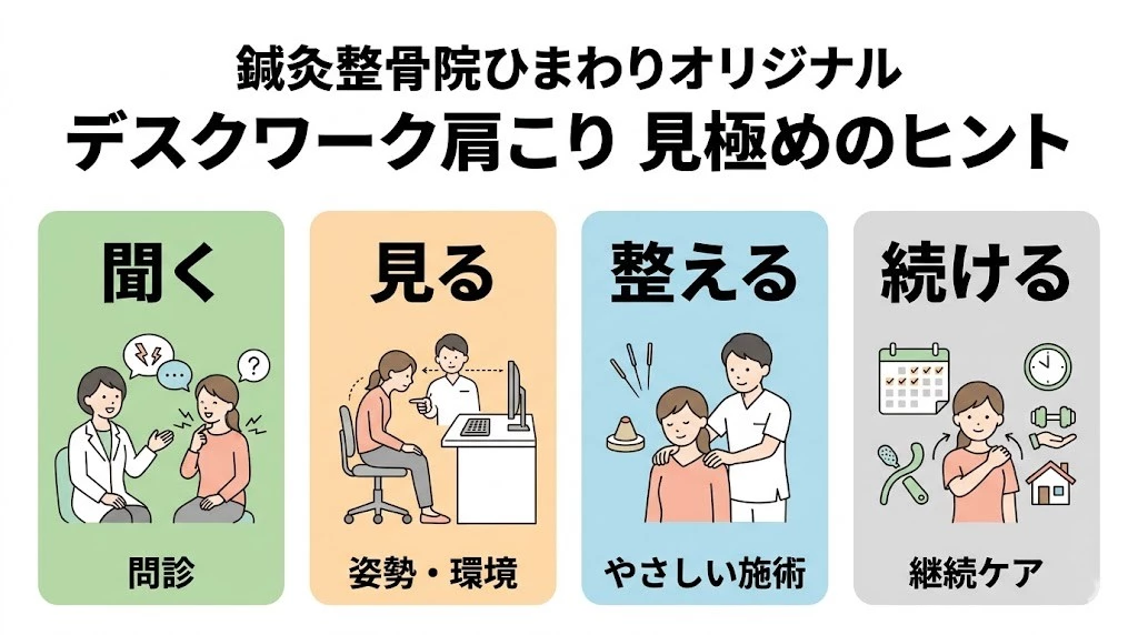 鍼灸整骨院ひまわりのデスクワーク肩こりの見極め方をシンプルに示したベクター図解