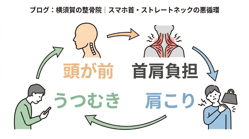 スマホ首とストレートネックの悪循環をシンプルに整理したベクター図解